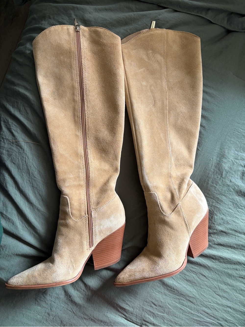 Vince Camuto Tan Suede Knee-High Stacked Heel Boots